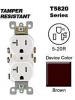 Leviton T5820 20 Amp, 125 Volt, Tamper Resistant, Duplex Receptacle, Straight Blade, Residential Grade, Self Grounding, Brown Leviton T5820 20 Amp, 125 Volt, Tamper Resistant, Duplex Receptacle, Straight Blade, Residential Grade, Self Grounding, Brown